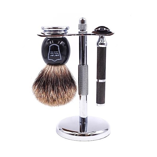 Parker Safety Razor, Rasoir de sécurité 71R – Comprend une brosse de blaireau pure de luxe, un support chromé, un rasoir de s