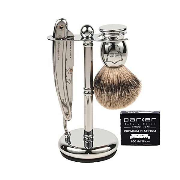 Parker Safety Razor Parker Sr1 Bord Droit rasoir rasage ensemble - Comprend 100% pur blaireau brosse, Parker Sr1 rasoir et 10