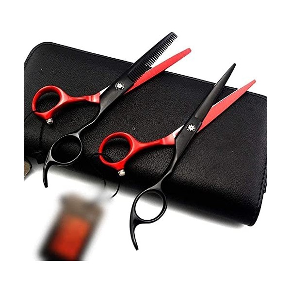 Ciseaux de coiffeur 6.0 pouces noir rouge plat + ensemble de ciseaux à dents ensemble de ciseaux de coiffure professionnels-B