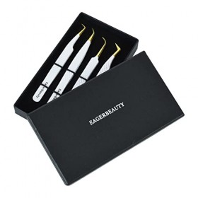 Pince à épiler pour extensions de cils en acier inoxydable - Droite et incurvée - Pour extensions de cils - Doré et blanc