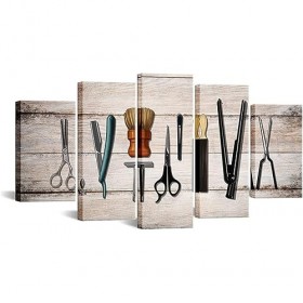 5 Pieces Toile HD imprimé Peinture - Outils De Coupe De Cheveux Salon De Coiffure Rustique - Artistique Photographie Graphiqu