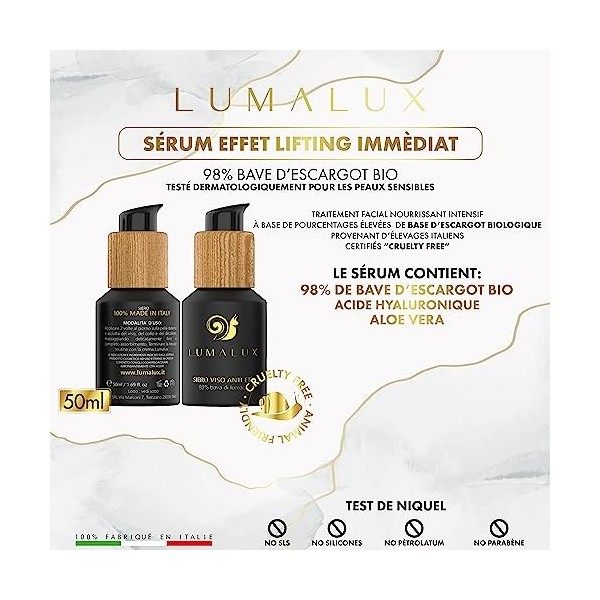 Lumalux COMBOPACK soins pour le visage - serum acide hyaluronique 98% de bave d’escargot 50ml et crème bave descargot à 75% ...