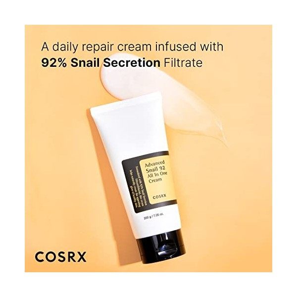 COSRX Snail Mucin 92% Crème Réparatrice 7,05 oz, creme bave descargot Gel Hydratant Quotidien pour le Visage pour Peaux Sèch ...