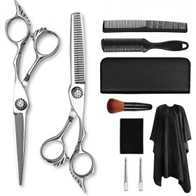 Kit de ciseaux de coupe de cheveux, ciseaux de barbier argentés de 6.0 pouces, ciseaux plats, ciseaux amincissants, ciseaux à
