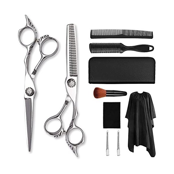 Kit de ciseaux de coupe de cheveux, ciseaux de barbier argentés de 6.0 pouces, ciseaux plats, ciseaux amincissants, ciseaux à