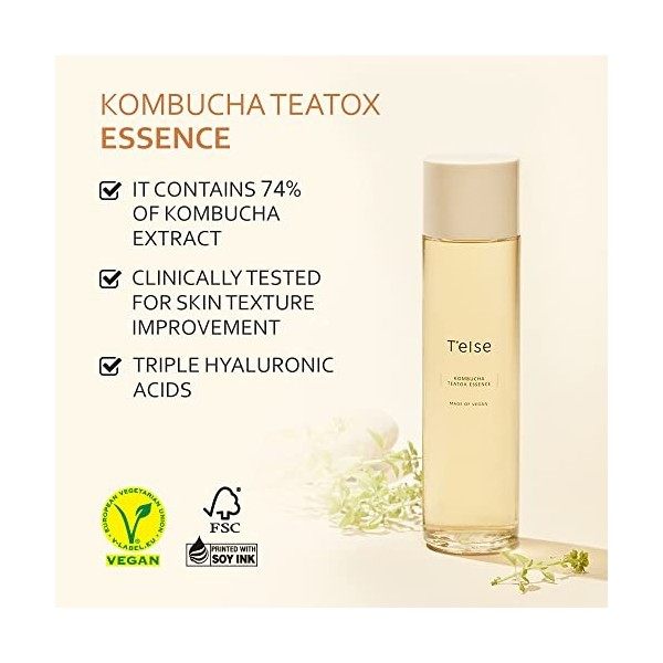 Telse Kombucha Teatox Essence aux acides hyaluroniques, soin du visage végétalien pour peaux sensibles, 5,07 Fl Oz, 150 ml