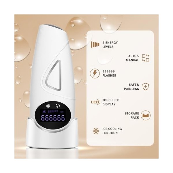 Épilateur lumière Pulsée, IPL Epilateur Laser avec 5 Niveaux, Epilateur Lumiere Pulsee avec Refroidissement, 999999 Flashes E