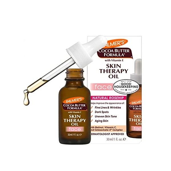 Palmers Formule au Beurre de Cacao Huile de Soin Anti Age Visage Parfumée à la Rose avec bouteille de 30 ml. Crème Jour et Nuit