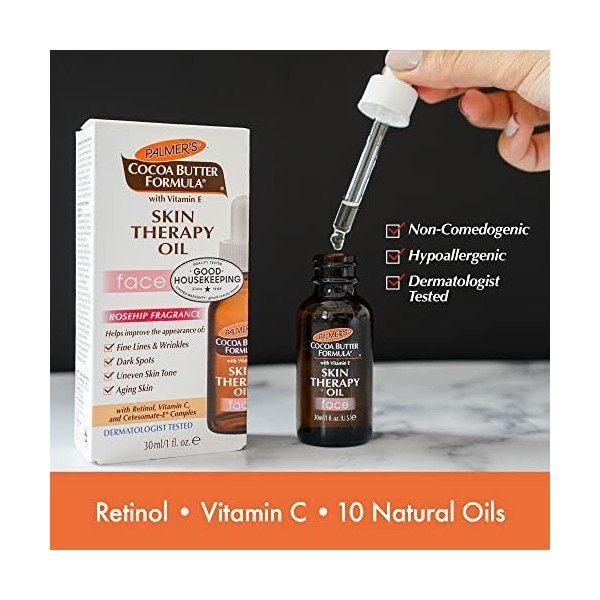 Palmers Formule au Beurre de Cacao Huile de Soin Anti Age Visage Parfumée à la Rose avec bouteille de 30 ml. Crème Jour et Nuit