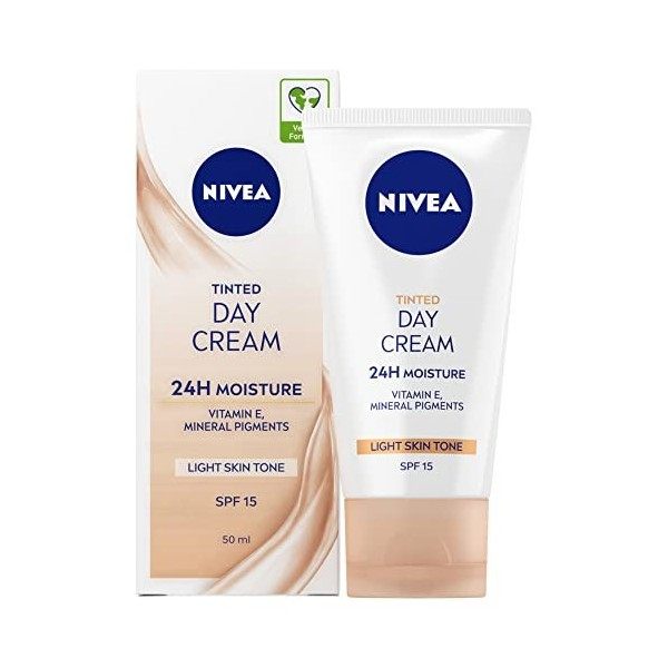 NIVEA Crème de jour hydratante teintée en paquet de 4 4 x 50 ml , hydratant teinté enrichi en vitamine E avec FPS 15, essent ...