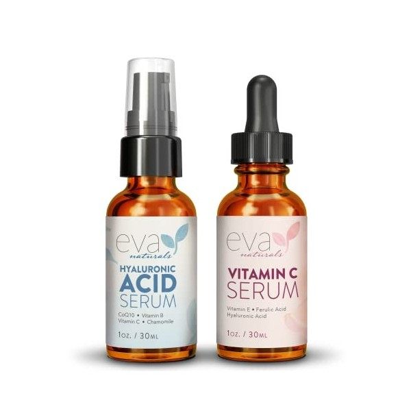 Trousse de soins Hydratez et Éclaircissez de Eva Naturals - Comprend un sérum dacide hyaluronique et un sérum à 20% de vitam ...