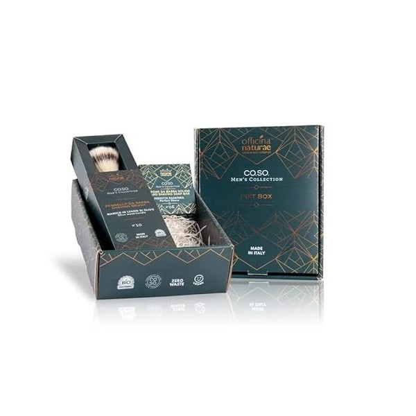 Officina Naturae Gift Box Fila Brosse à raser lisse en olive avec poils sans cruauté artisanale N°10 + savon à barbe solide N