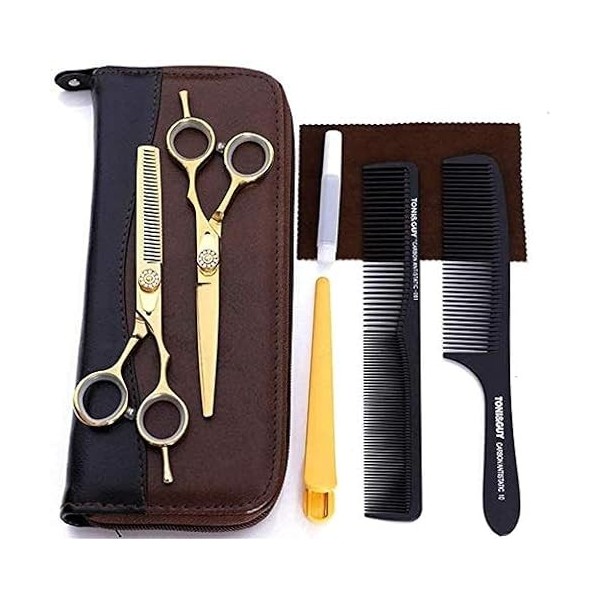 Ciseaux de barbier 5.5 pouces, ciseaux de coiffure dorés, cisaille plate, cisaille à dents amincissante, costume doré