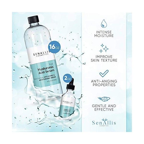 Sérum à lacide hyaluronique 473,2 ml et 59,1 ml, fabriqué à partir dacide hyaluronique pur, anti-âge, anti-rides, hydratant C...