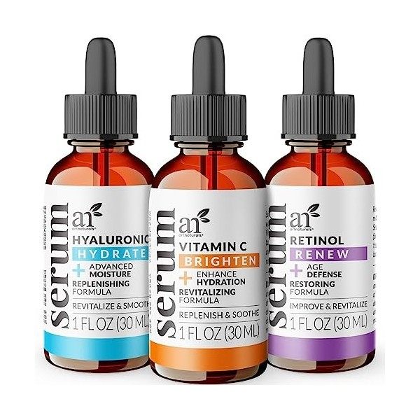 Art Naturals Anti Aging Set: Vitamin C Serum 1.0 oz , Retinol Serum 1.0 oz & Hyaluronic Acid Serum 1.0 oz for Anti Wrinkl