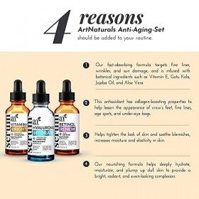 Art Naturals Anti Aging Set: Vitamin C Serum 1.0 oz , Retinol Serum 1.0 oz & Hyaluronic Acid Serum 1.0 oz for Anti Wrinkl