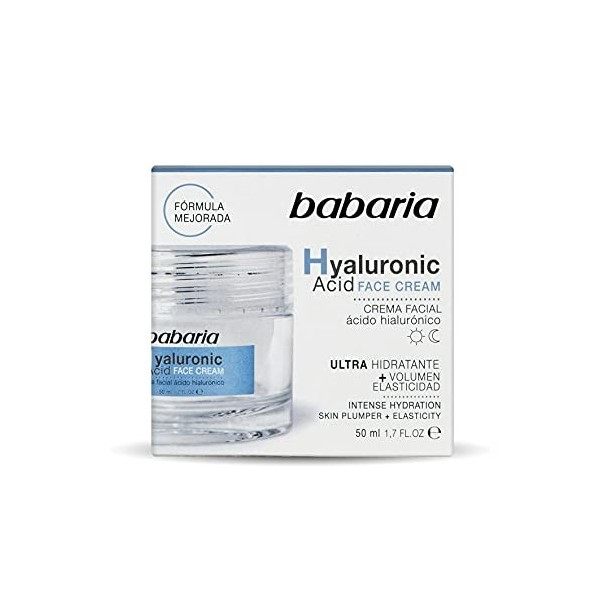 Babaria - Crème faciale dacide hyaluronique avec une action ultra hydratante et un filtre solaire, diminue laffaissement du C...