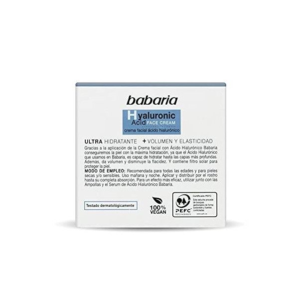 Babaria - Crème faciale dacide hyaluronique avec une action ultra hydratante et un filtre solaire, diminue laffaissement du