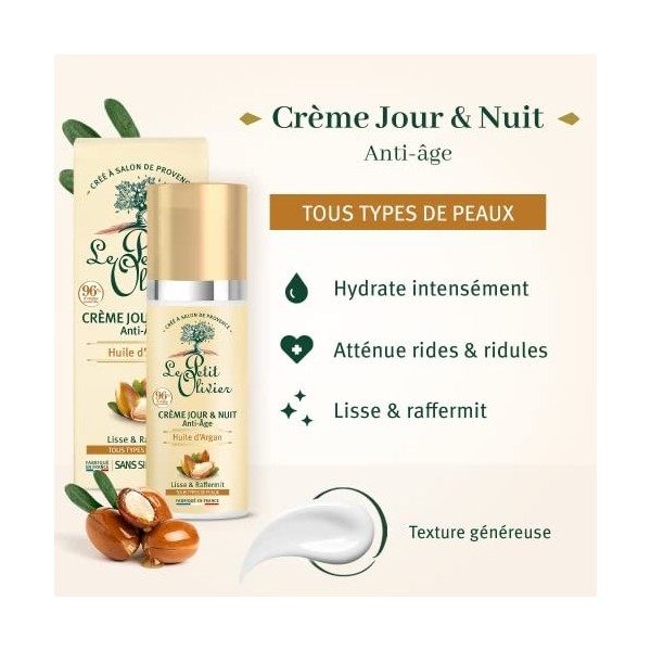 LE PETIT OLIVIER - Crème Jour & Nuit Anti-Âge - Huile dArgan - Lisse & Raffermit - Tous Types De Peaux - A lAcide Hyaluroni C...