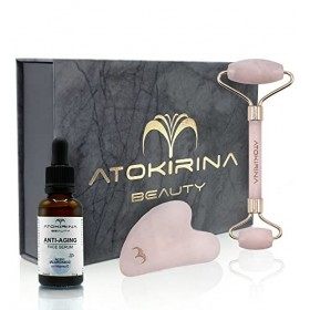 ATOKIRINA Kit de beauté Anti-Âge - Sérum Anti-âge Acide Hyaluronique 3P Pure Rouleau facial + GuaSha Pierres Naturelles Masse...