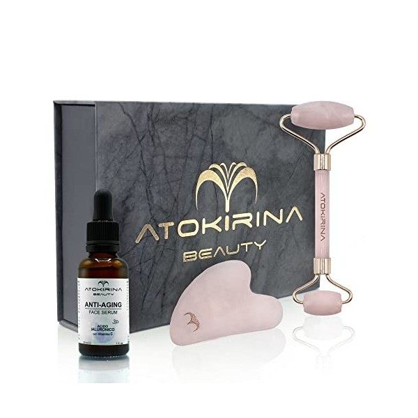 ATOKIRINA Kit de beauté Anti-Âge - Sérum Anti-âge Acide Hyaluronique 3P Pure Rouleau facial + GuaSha Pierres Naturelles Masse...