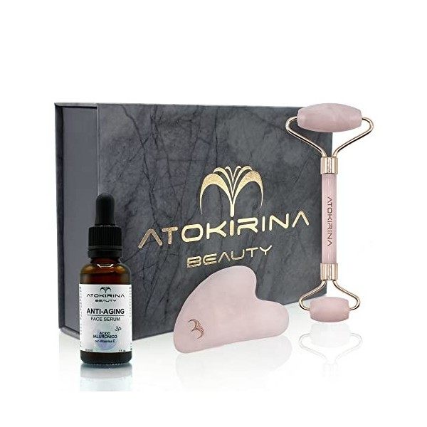 ATOKIRINA Kit de beauté Anti-Âge - Sérum Anti-âge Acide Hyaluronique 3P Pure Rouleau facial + GuaSha Pierres Naturelles Masse