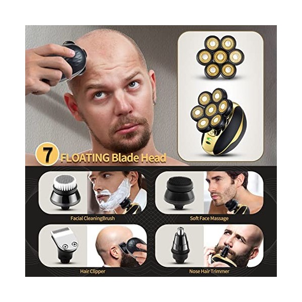 VOTMONI Rasoir de tête pour homme chauve - Rasoir électrique 7D - Étanche - Tête chauve - Pour homme - Rechargeable - Rotatif