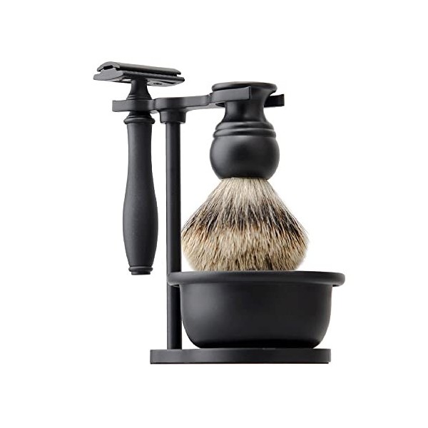 XJWWW-URG 4 sur 1 ensemble de soins de rasoir manuel, pinceau à barbe en alliage, bol de savon de rasage, support de rasage, 