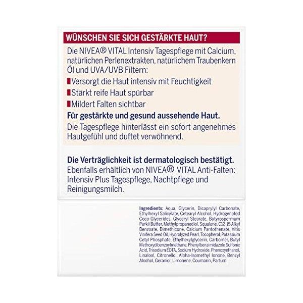 NIVEA Soin de jour Vital intensif 50 ml - Soin hydratant avec calcium, extraits de perles et huile naturelle de pépins de r C...