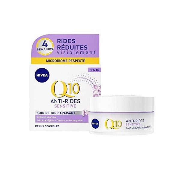 NIVEA Q10 Power Soin de Jour Anti-Rides +Peaux sensibles FPS15 1 x 50 ml , crème anti-âge enrichie en Q10 & créatine, soin v ...