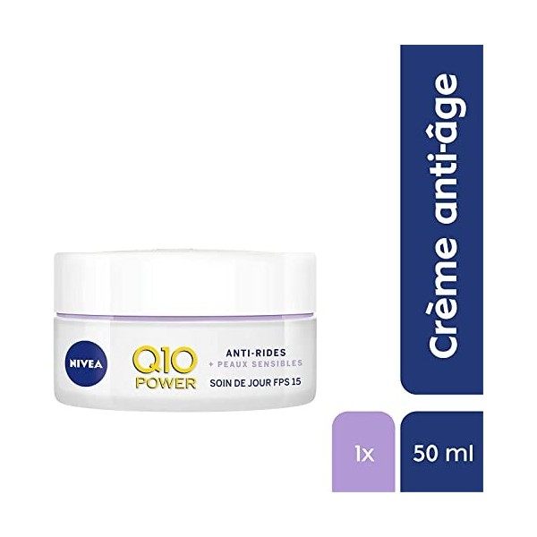NIVEA Q10 Power Soin de Jour Anti-Rides +Peaux sensibles FPS15 1 x 50 ml , crème anti-âge enrichie en Q10 & créatine, soin v ...