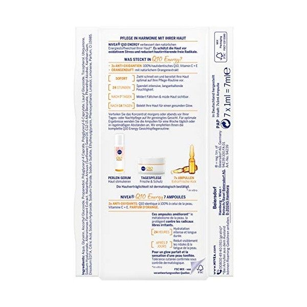 NIVEA Q10 Energy Anti-rides 7 jours – 7 ampoules 7 x 1 ml , soin du visage avec 100% peau Q10, vitamine C et vitamine E, soi ...
