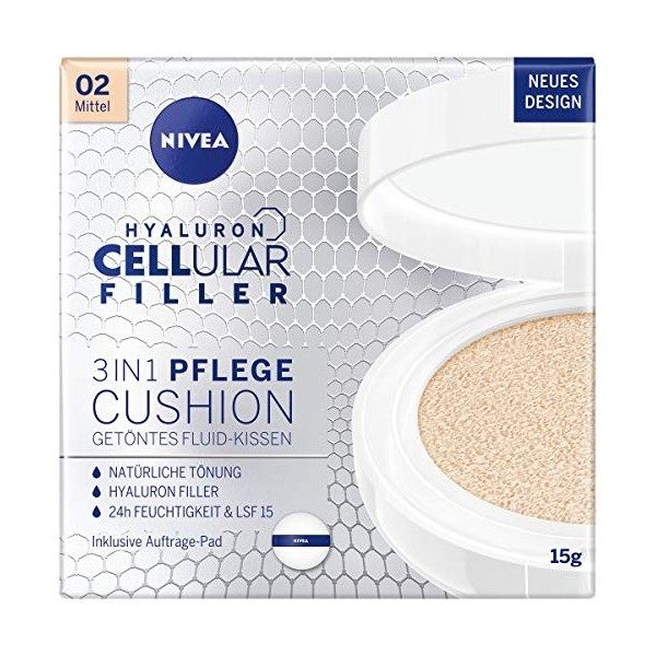 NIVEA Coussin de soin anti-âge 3 en 1 pour teinter et hydrater naturellement, pour peaux moyennes, 15 g, 02 moyens Crème Jour...