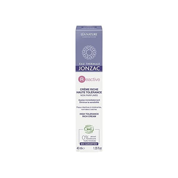 Eau Thermale Jonzac - Crème riche haute tolérance - Reactive - Peaux réactives à intolérantes - Certifié Bio Cosmos Organic -...