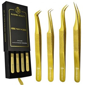 Alishba Beauty Lot de 4 pinces à épiler pour extensions de cils en acier inoxydable japonais Doré