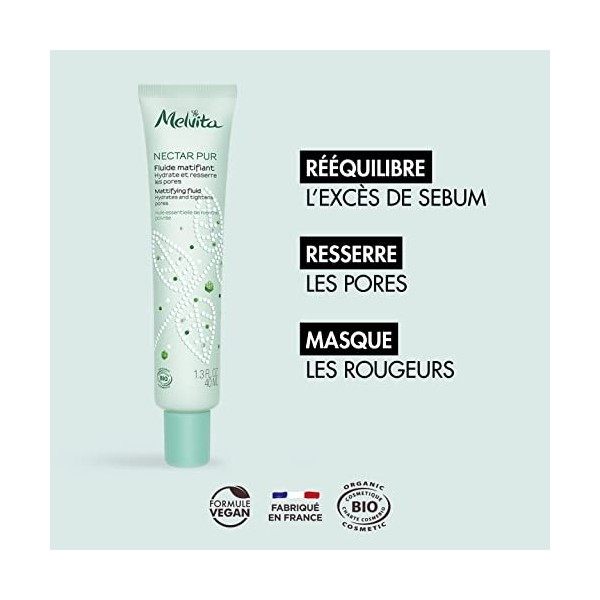 Melvita Fluide Matifiant Nectar Pur 100% Naturel, Vegan/Certifié Bio Tube, 40 ml, 1 Unité Crème Jour et Nuit