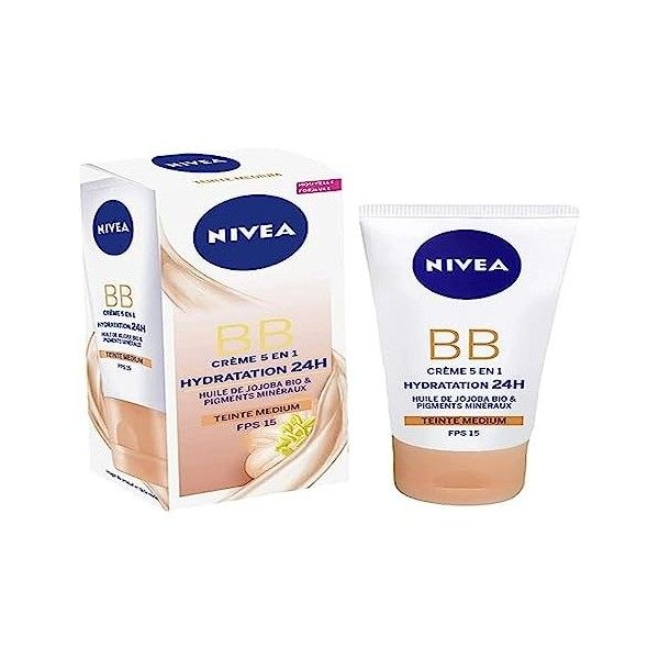 NIVEA Essentials BB Cream Hydratation 24H +Éclat, Crème hydratante visage teinte, Soin femme à lhuile de Jojoba BIO, Soin de