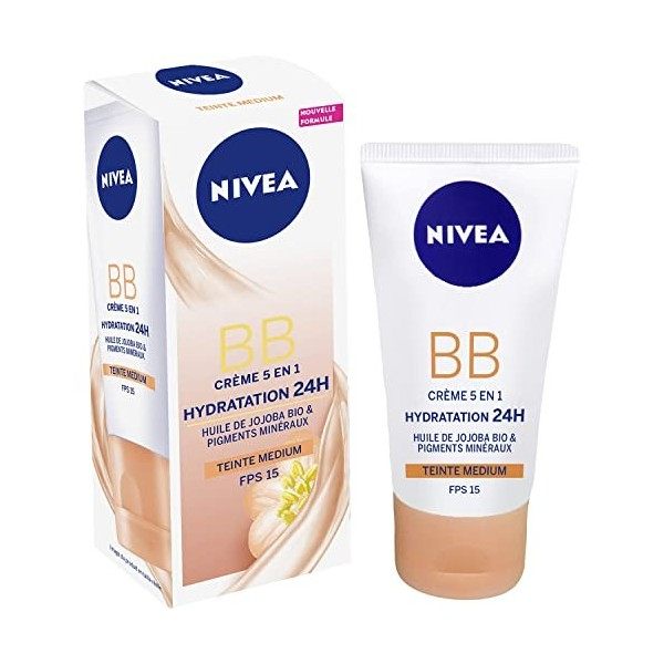 NIVEA Essentials BB Cream Hydratation 24H +Éclat, Crème hydratante visage teinte, Soin femme à lhuile de Jojoba BIO, Soin de