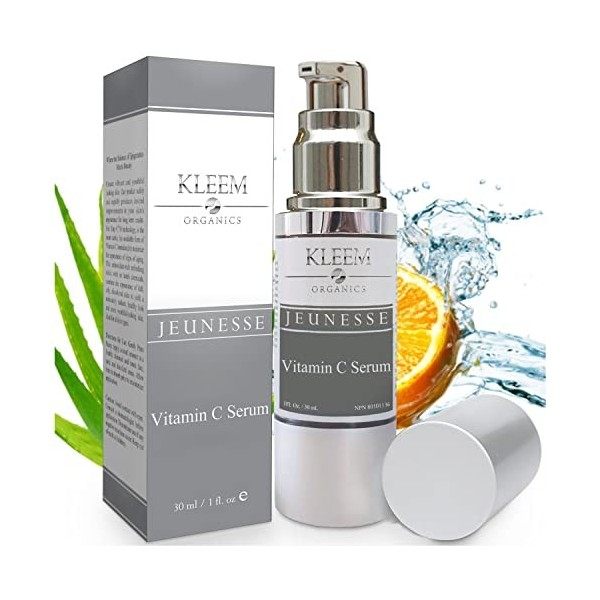 Kleem Organics Serum Vitamine C Visage avec Acide Hyaluronique et Vitamine E - Vitamine C Serum Visage qui Boost le Collagen,...