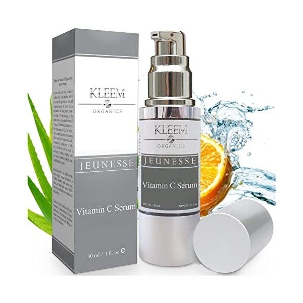 Kleem Organics Serum Vitamine C Visage avec Acide Hyaluronique et Vitamine E - Vitamine C Serum Visage qui Boost le Collagen,