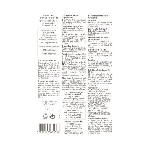 EFFIDERM - Sérum Anti-Cernes Liftant - Atténue instantanément rides et ridules - Estompe poches et cernes - Propriétés restru...