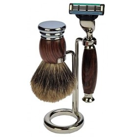 Kit de rasage en bois de rose/chrome, rasoir avec Mach 3, pinceau pur blaireau