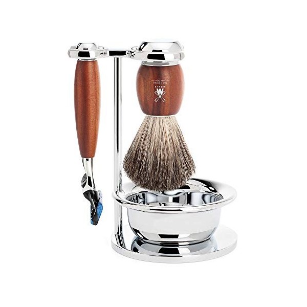 MÜHLE Kit de rasage 4 pièces VIVO avec brosse en poils de blaireau pur et rasoir Fusion à manche en bois de prunier