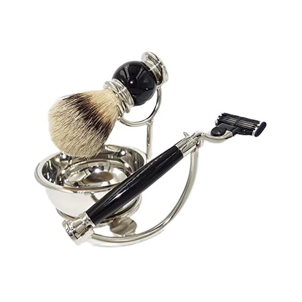 GHQYP Pratique Support de Brosse de Rasoir pour Hommes, Mode 4 en 1 Ensemble Cadeau de Rasoir de sécurité en émail Noir, Tass