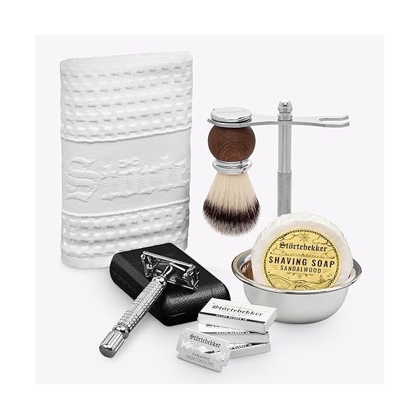 Kit de rasage Störtebekker® - Set de qualité supérieure pour un rasage parfait - Avec rasoir, blaireau, savon à raser, bois d