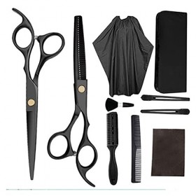 10 pièces ensemble noir 6 ciseaux à cheveux avec sac peigne pince brosse enveloppe coupe de cheveux amincissement barbier Ra...