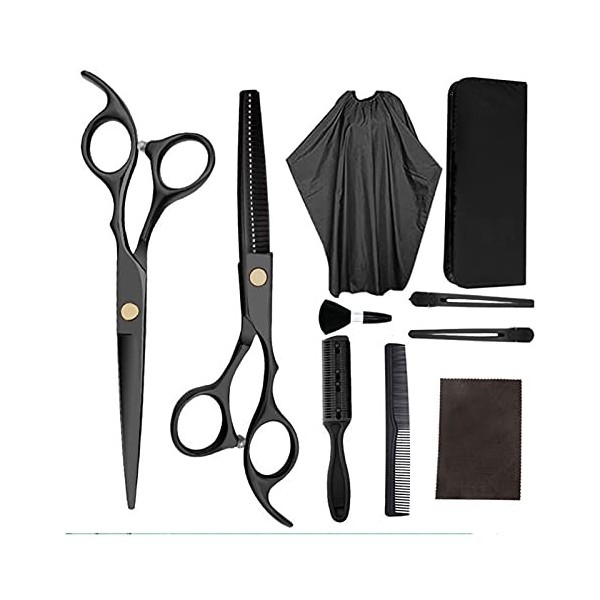 10 pièces ensemble noir 6 ciseaux à cheveux avec sac peigne pince brosse enveloppe coupe de cheveux amincissement barbier 