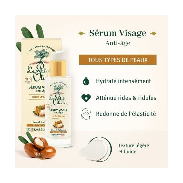 Le Petit Olivier - Sérum Visage Anti-Âge - Huile dArgan - Lisse & Raffermit - Tous Types De Peaux - 97% DOrigine Naturelle C...