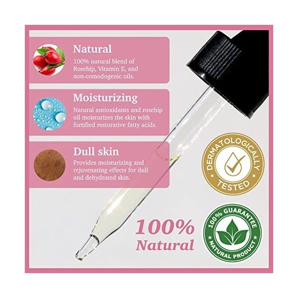 Purifect Moisturizing Rosehip and Vitamin E Facial Oil Serum, Naturally Restoring, Brightening and Mouturizing 30ml Crème Jou...