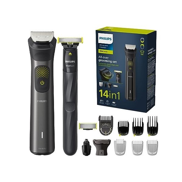 Philips Series 9000 - Tondeuse 14-en-1, OneBlade, coupe précise, contours nets, rasage pratique, trousse de toilette Premium,